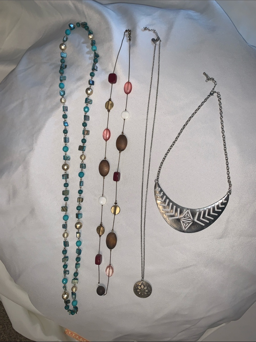 STATEMENT NECKLACES! Crescent, Two beaded colorful and a circle statement.